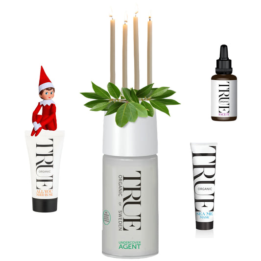 All you need is me balm, face it serum, sea me mask , undercover agent natural deodorant , skincare by True organic of Sweden 
