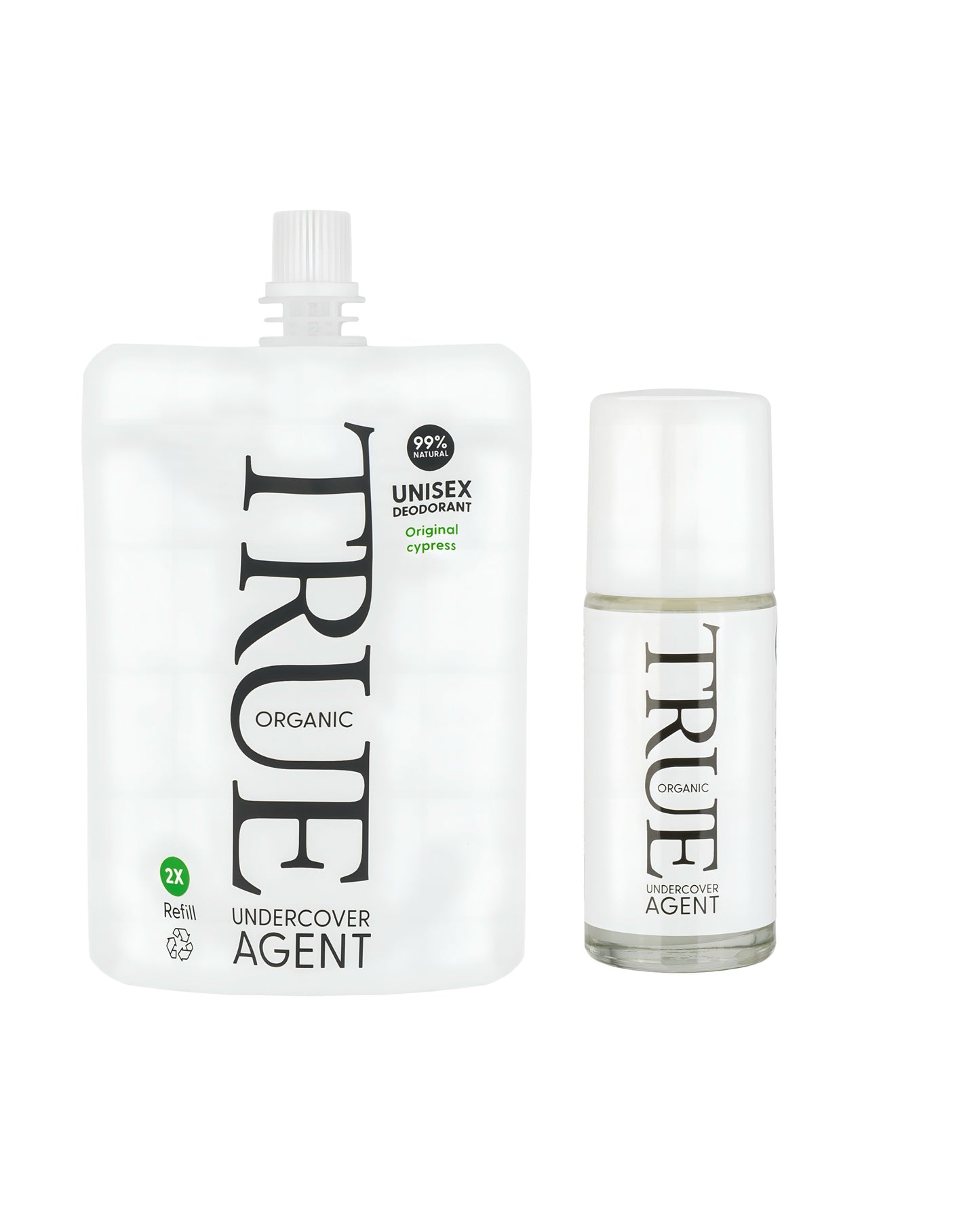 Undercover agent duo pack best natural unisex deodorant. One roll on bottle 50ml and one refill pouch 100ml 