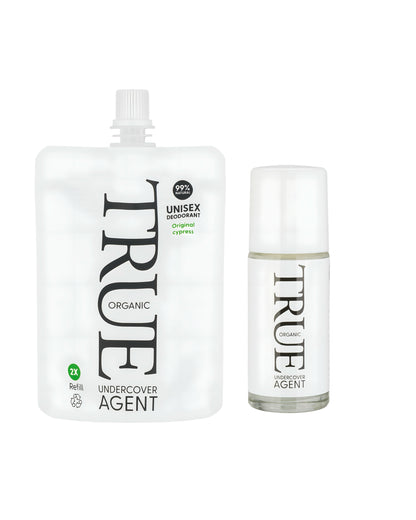Undercover agent duo pack best natural unisex deodorant. One roll on bottle 50ml and one refill pouch 100ml 