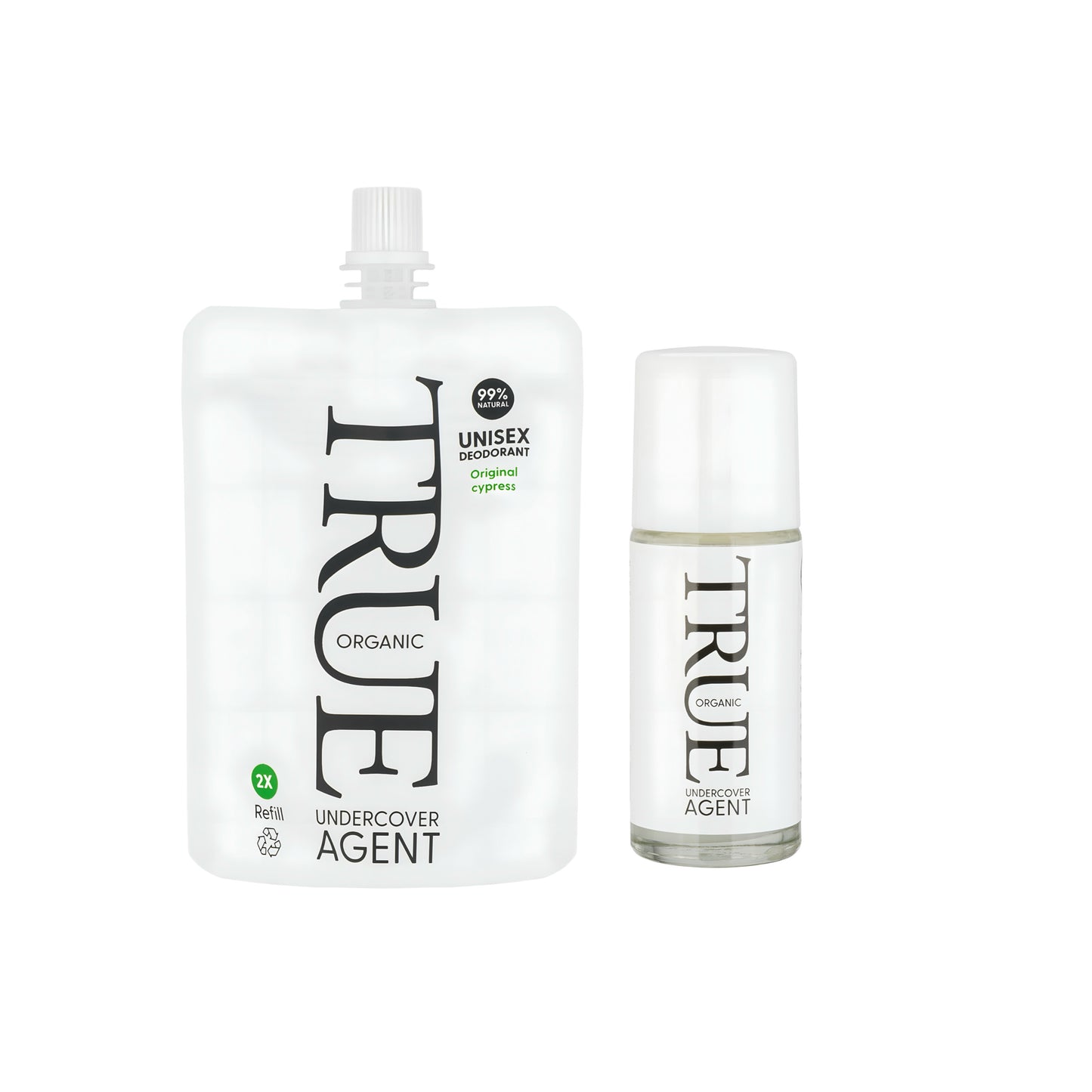 Undercover agent deodorant best unisex natural deodorant by True organic of Sweden. Duo pack- one 50ml roll on bottle one 100 ml refill pouch 