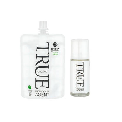 Undercover agent deodorant best unisex natural deodorant by True organic of Sweden. Duo pack- one 50ml roll on bottle one 100 ml refill pouch 