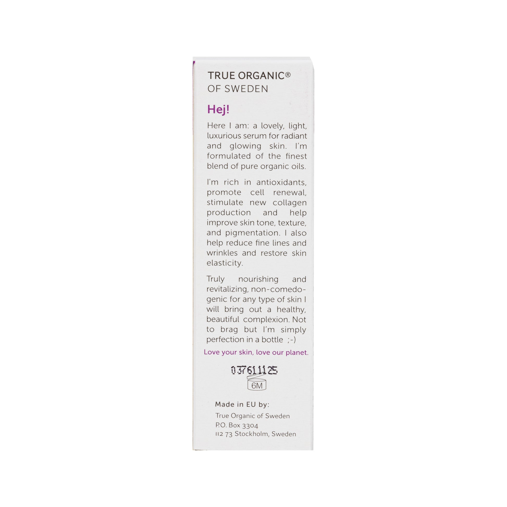True Organic of Sweden skincare product packaging with text on a white background. Face it serum