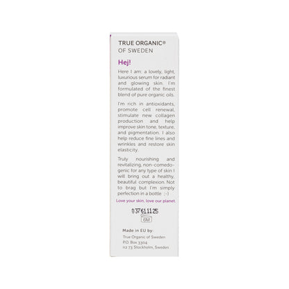 True Organic of Sweden skincare product packaging with text on a white background. Face it serum