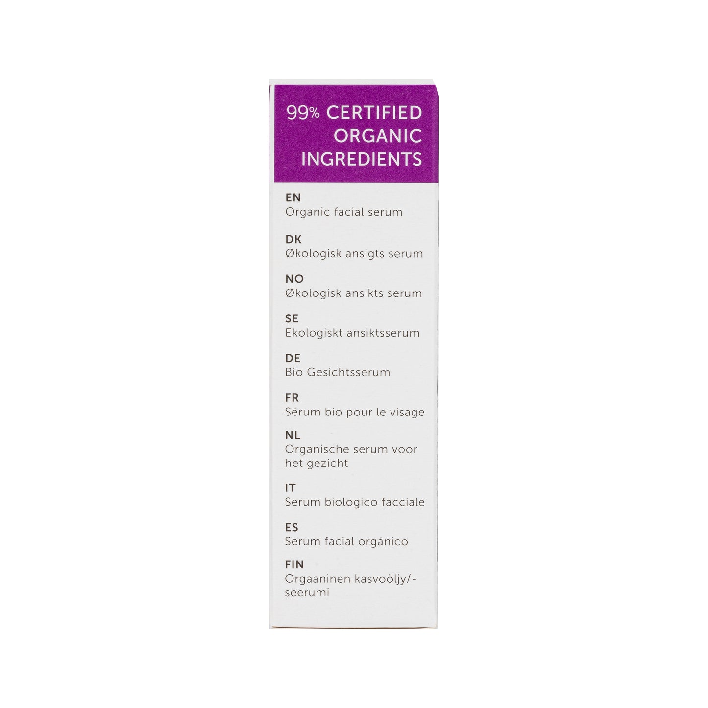Box of organic facial serum with text on a white background.  Face it serum 