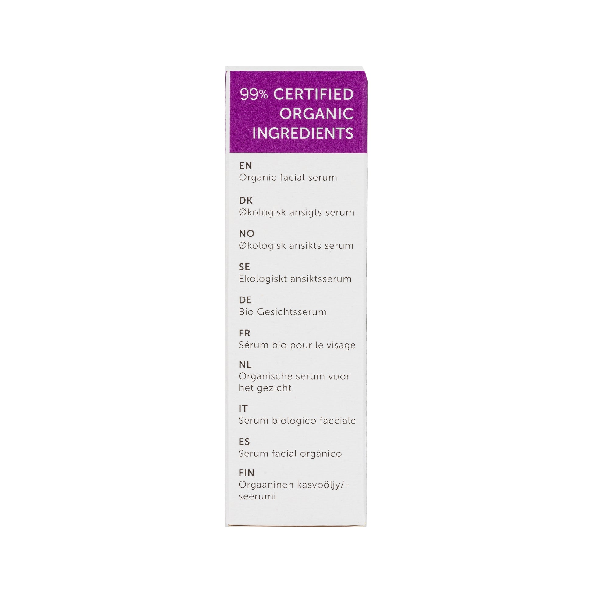 Box of organic facial serum with text on a white background.  Face it serum 