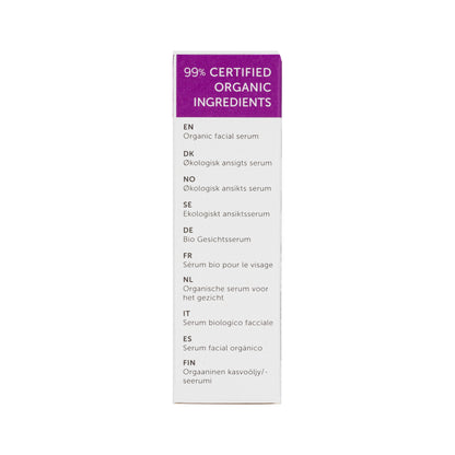 Box of organic facial serum with text on a white background.  Face it serum 